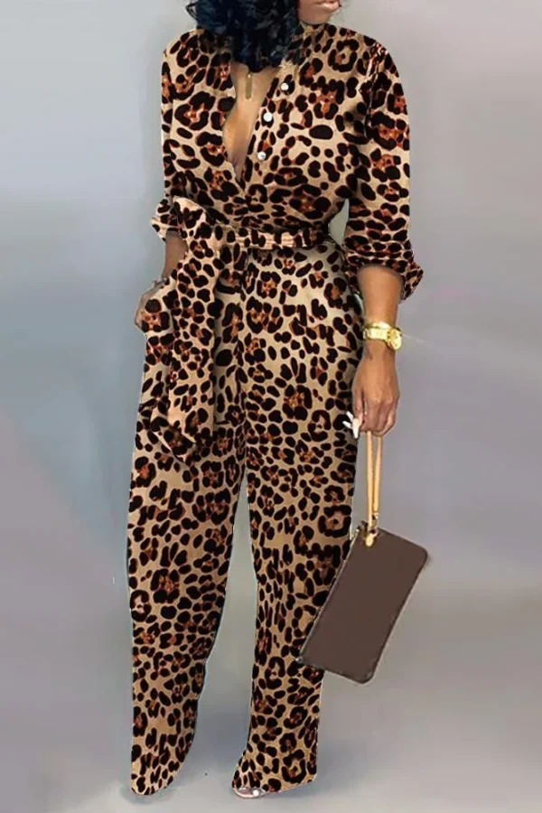 Leopard Print Long Sleeve Women Jumpsuit Sashes Tied Waist Wide Leg Rompers Womens Jumpsuit Casual Loose V Neck Long Overalls - Hplify