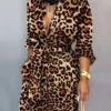 Leopard Print Long Sleeve Women Jumpsuit Sashes Tied Waist Wide Leg Rompers Womens Jumpsuit Casual Loose V Neck Long Overalls - Hplify