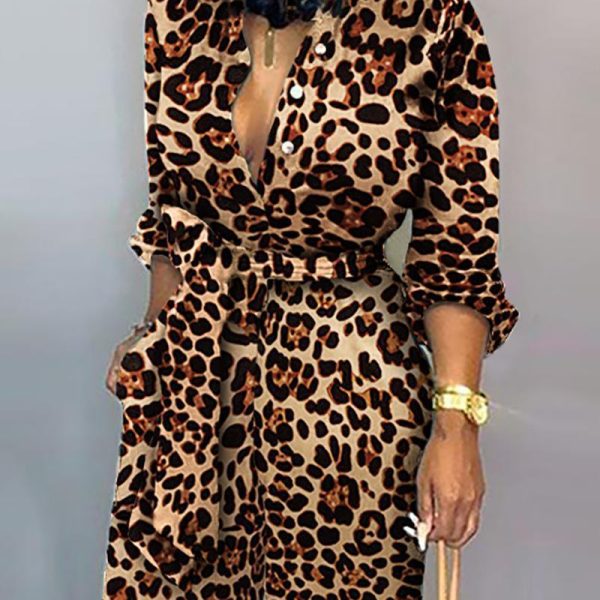 Leopard Print Long Sleeve Women Jumpsuit Sashes Tied Waist Wide Leg Rompers Womens Jumpsuit Casual Loose V Neck Long Overalls - Hplify
