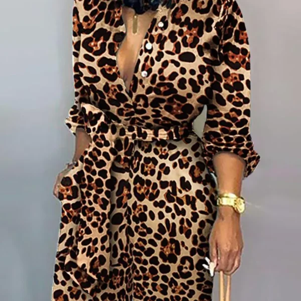 Leopard Print Long Sleeve Women Jumpsuit Sashes Tied Waist Wide Leg Rompers Womens Jumpsuit Casual Loose V Neck Long Overalls - Hplify