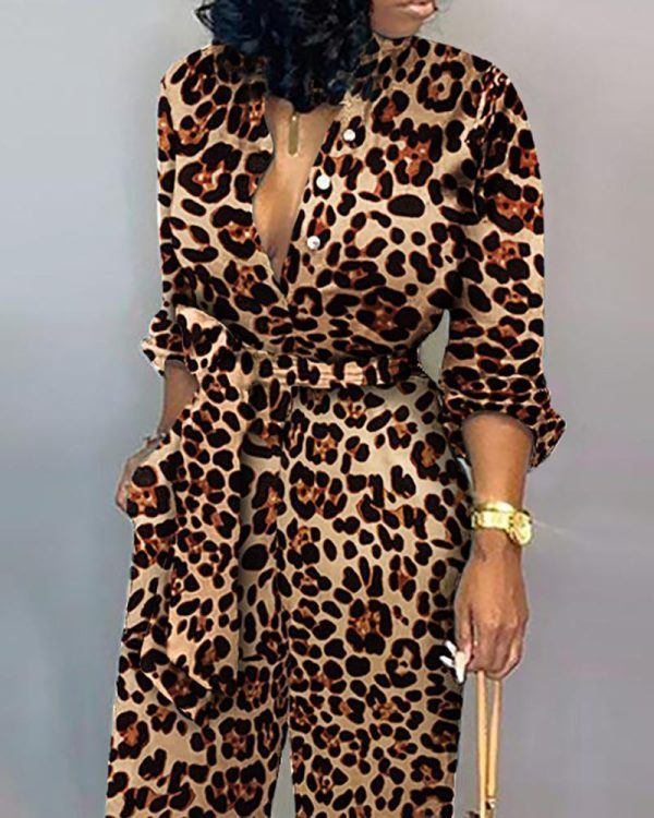 Leopard Print Long Sleeve Women Jumpsuit Sashes Tied Waist Wide Leg Rompers Womens Jumpsuit Casual Loose V Neck Long Overalls - Hplify