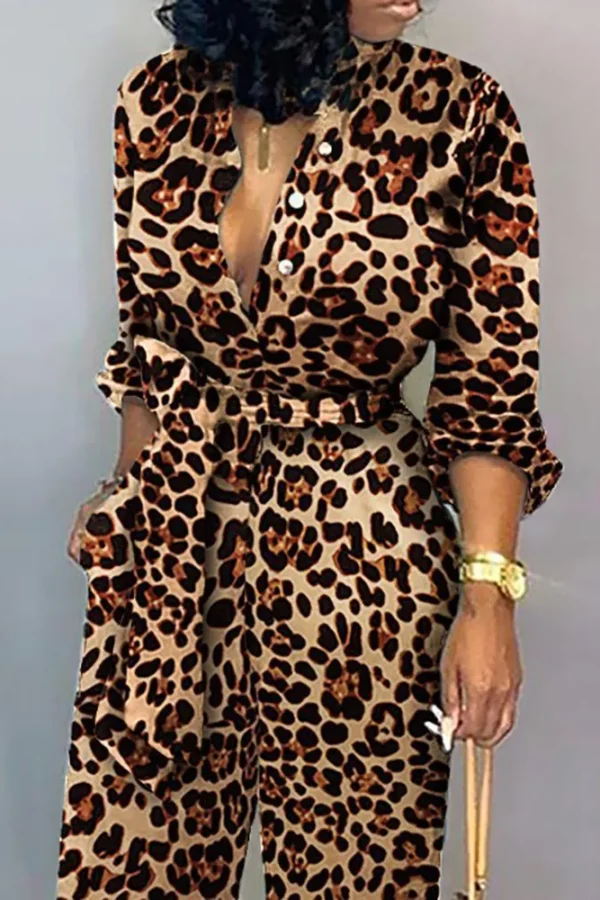 Leopard Print Long Sleeve Women Jumpsuit Sashes Tied Waist Wide Leg Rompers Womens Jumpsuit Casual Loose V Neck Long Overalls - Hplify