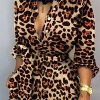 Leopard Print Long Sleeve Women Jumpsuit Sashes Tied Waist Wide Leg Rompers Womens Jumpsuit Casual Loose V Neck Long Overalls - Hplify