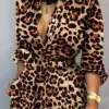 Leopard Print Long Sleeve Women Jumpsuit Sashes Tied Waist Wide Leg Rompers Womens Jumpsuit Casual Loose V Neck Long Overalls - Hplify
