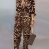 Leopard Print Long Sleeve Women Jumpsuit Sashes Tied Waist Wide Leg Rompers Womens Jumpsuit Casual Loose V Neck Long Overalls - Hplify