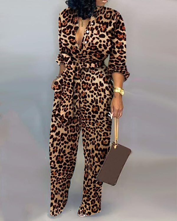 Leopard Print Long Sleeve Women Jumpsuit Sashes Tied Waist Wide Leg Rompers Womens Jumpsuit Casual Loose V Neck Long Overalls - Hplify
