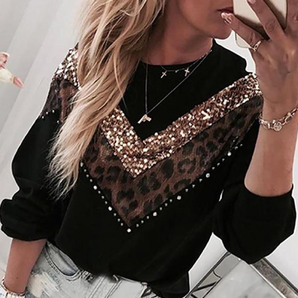 Leopard Sequins Colorblock Insert Casual sweatshirt women casual loose neck oversized hoodies Autumn pullover streetwear - Hplify
