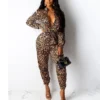Leopard print long jumpsuit for women Long sleeve wrap rompers womens jumpsuit Casual turn down collar autumn jumpsuits - Hplify