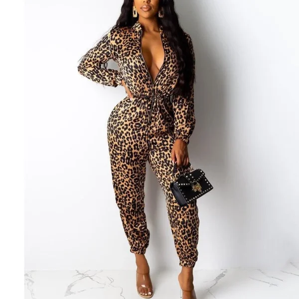Leopard print long jumpsuit for women Long sleeve wrap rompers womens jumpsuit Casual turn down collar autumn jumpsuits - Hplify