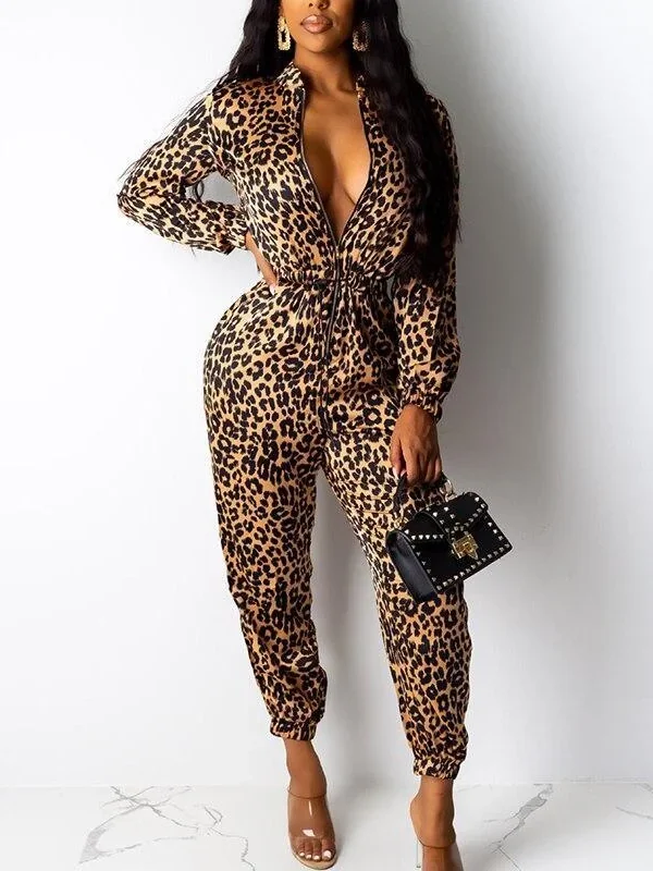 Leopard print long jumpsuit for women Long sleeve wrap rompers womens jumpsuit Casual turn down collar autumn jumpsuits - Hplify