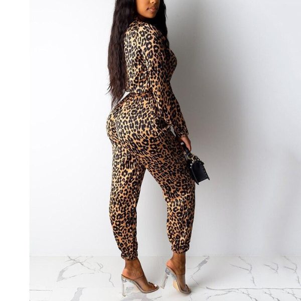 Leopard print long jumpsuit for women Long sleeve wrap rompers womens jumpsuit Casual turn down collar autumn jumpsuits - Hplify