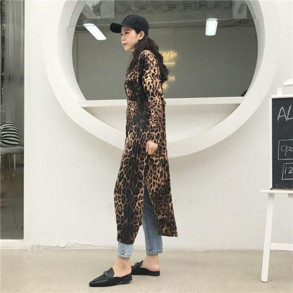 Leopard print shirt dress women long sleeve causal loose split dress Fashion summer streetwear Button up korean dresses vestidso - Hplify
