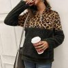 Leopard print zip women sweatsirts Autumn New fashion leopard patchwork plush hoodies Winter warm pullover stand collar top - Hplify