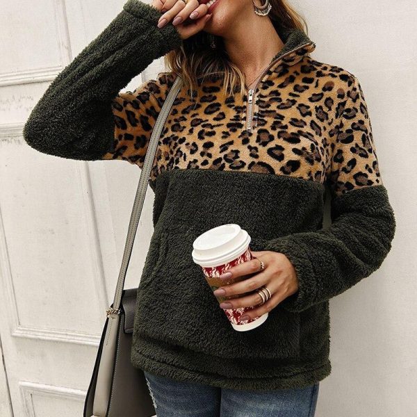 Leopard print zip women sweatsirts Autumn New fashion leopard patchwork plush hoodies Winter warm pullover stand collar top - Hplify