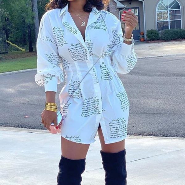Letter Print Long Sleeve Shirt Dress Women Turn Down Collar Tight Waist Short Spring Dresses Casual White Buttoned Vestidos - Hplify