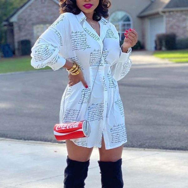 Letter Print Long Sleeve Shirt Dress Women Turn Down Collar Tight Waist Short Spring Dresses Casual White Buttoned Vestidos - Hplify