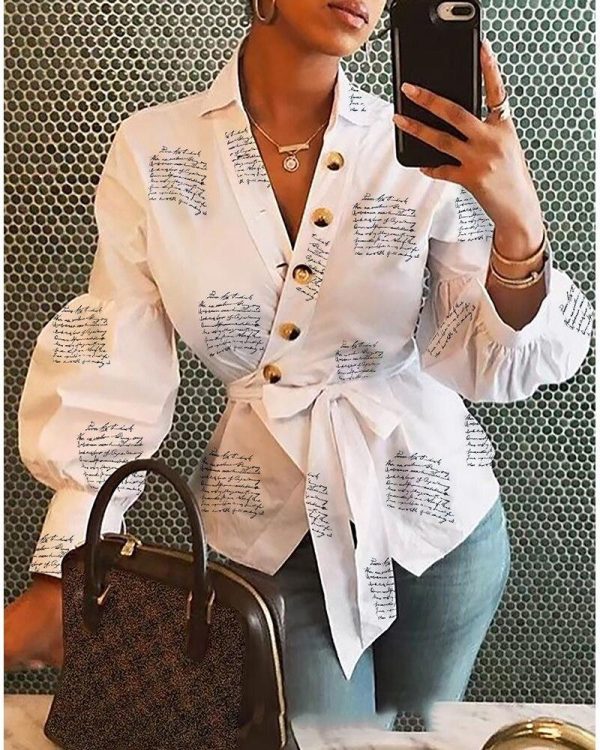 Letter Print Long Sleeve T Shirt Women Single Buttoned Design Lantern Sleeve V Neck Top Summer Sashes Wrap Shirt Blusa - Hplify