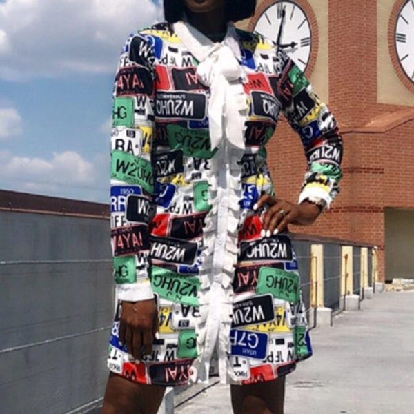 Letter Print Tied Bow Neck Long Sleeve Dress Women Elegant Office Short Party Dress Straight Runway Winter Vestidos Mujer - Hplify