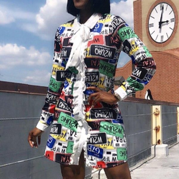 Letter Print Tied Bow Neck Long Sleeve Dress Women Elegant Office Short Party Dress Straight Runway Winter Vestidos Mujer - Hplify