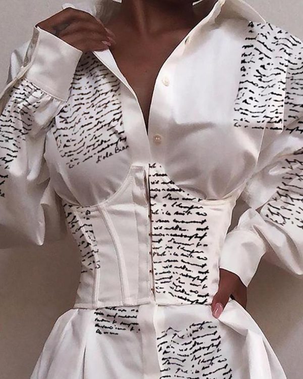 Letter Print Tied Waist Shirt Dress Women Long Sleeve Turn Down Collar Spring Dress Streetwear - Hplify