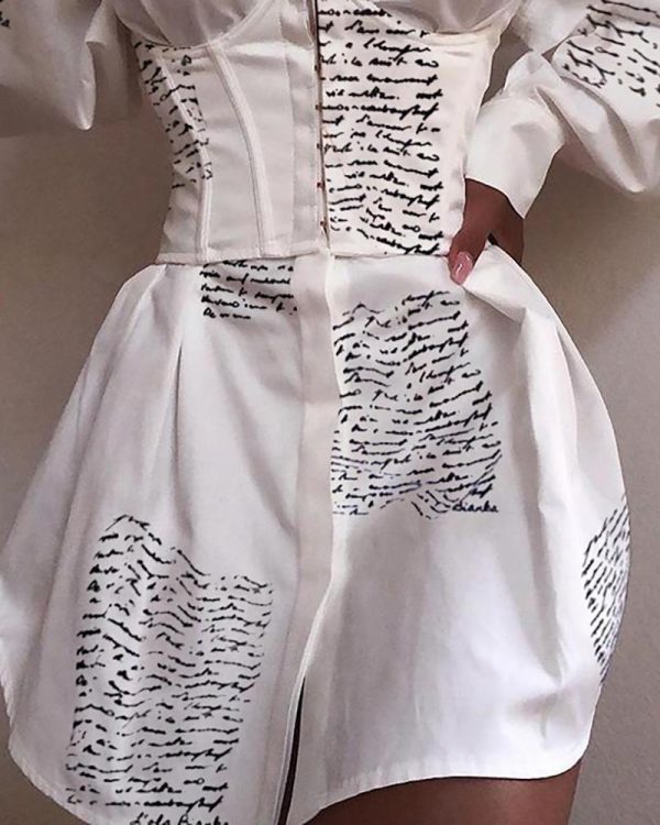 Letter Print Tied Waist Shirt Dress Women Long Sleeve Turn Down Collar Spring Dress Streetwear - Hplify