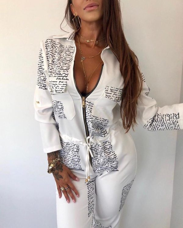 Letter Print Zipper Pocket Drawstring Design Jumpsuit - Hplify