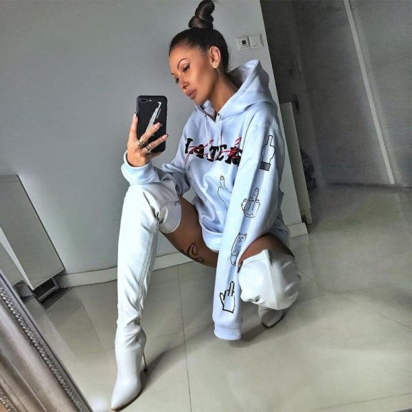 Letter print long hoodies sweatshirt women Casual loose white hooded hoodies Autumn Streetwear Oversized hoody mujer - Hplify