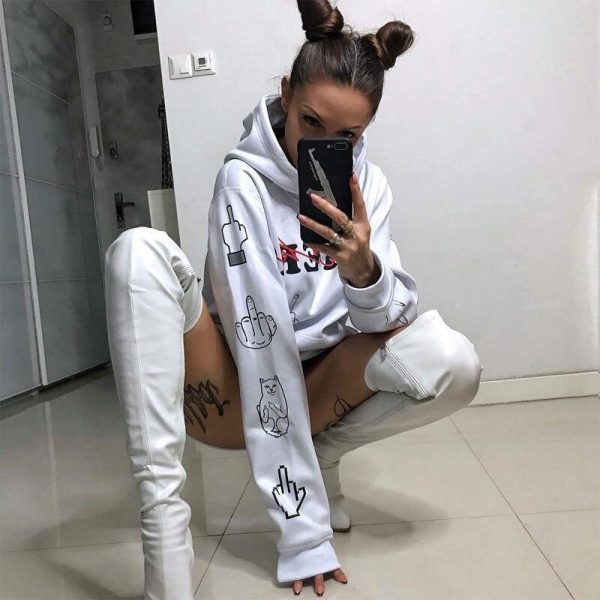 Letter print long hoodies sweatshirt women Casual loose white hooded hoodies Autumn Streetwear Oversized hoody mujer - Hplify