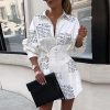 Letter print tight wasit shrt drss women Long sleeve turn down collar plunge dress Autumn streetwear mini dresses vestidos - Hplify