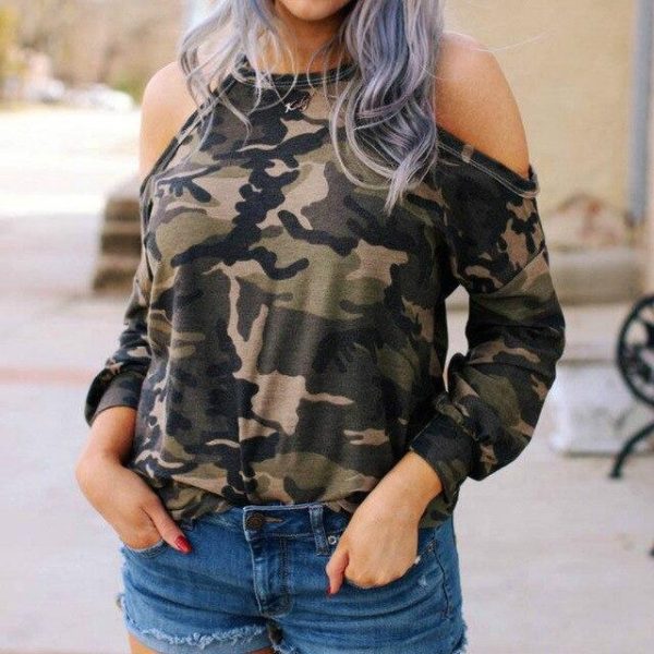 Long Sleeve Tops Fashion Casual  Women Tops and Shirts Long Sleeve O Neck Camouflage Off Shoulder Women Tshirt - Hplify