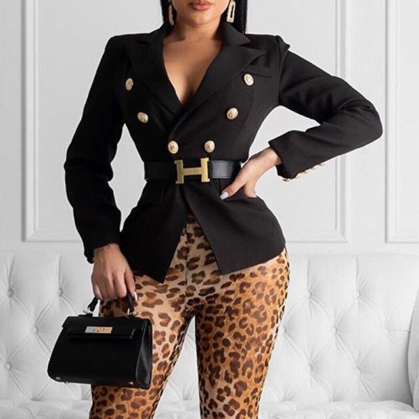 Long Sleeve Turn Down Collar Blazer Jacket Coats Women Double Breasted Solid Slim Suit Jacket Autumn FashionTops No Belt - Hplify