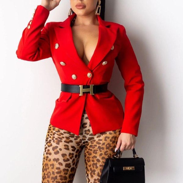 Long Sleeve Turn Down Collar Blazer Jacket Coats Women Double Breasted Solid Slim Suit Jacket Autumn FashionTops No Belt - Hplify