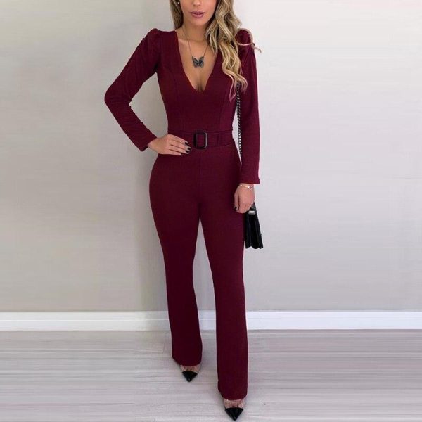 Long sleeve bodycon rompers womens jumpsuit with belt Autumn Elegant office work wear Solid outfits for woman Overalls - Hplify