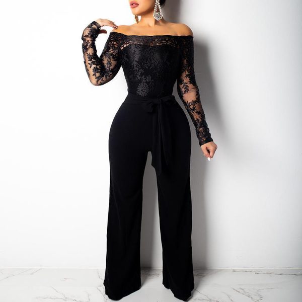 Long sleeve lace bodysuit jumpsuit Off shoulder floral lace up rompers womens jumpsuit Fashion wide leg pants Spring jumpsuits - Hplify