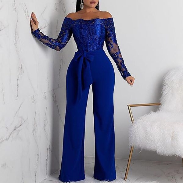 Long sleeve lace bodysuit jumpsuit Off shoulder floral lace up rompers womens jumpsuit Fashion wide leg pants Spring jumpsuits - Hplify