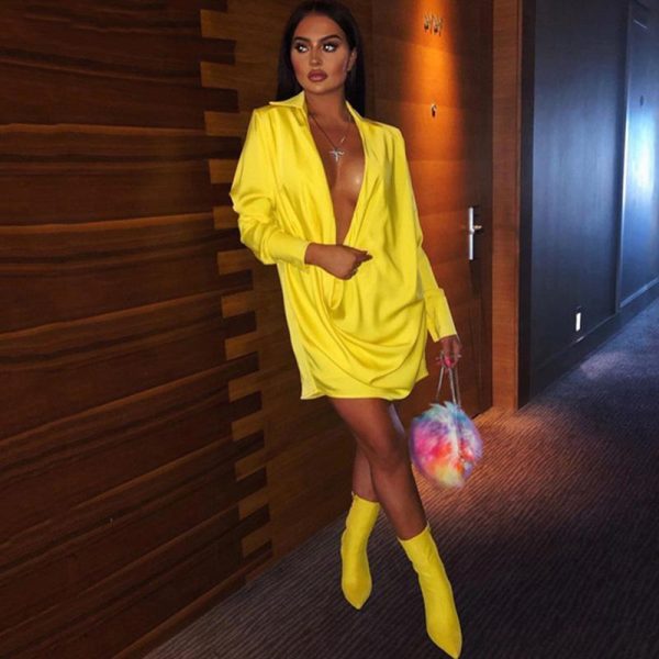 Low cut v neck shirt dress Women long sleeve draped loose dresses Summer 2019 sexy party dress Yellow vestidos mujer 2019 - Hplify
