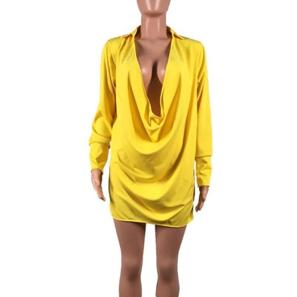Low cut v neck shirt dress Women long sleeve draped loose dresses Summer 2019 sexy party dress Yellow vestidos mujer 2019 - Hplify