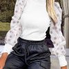 Mock Neck Polka Dot Puff Sleeve Tops Women Mesh Insert Ribbed Long Sleeve T Shirt Elegant Ladies Shirt - Hplify