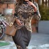 Mock Neck Retro Print Striped Long Sleeve Bodycon Dress Women Slim Fit Party Dress Spring Elegant Midi Pencil Dresses - Hplify