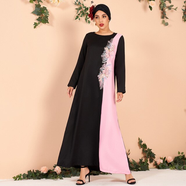 Autumn and Winter Ladies Fashion Pink Change Black Color Matching Applique Commuter Plus Size Women's Dress - Image 8
