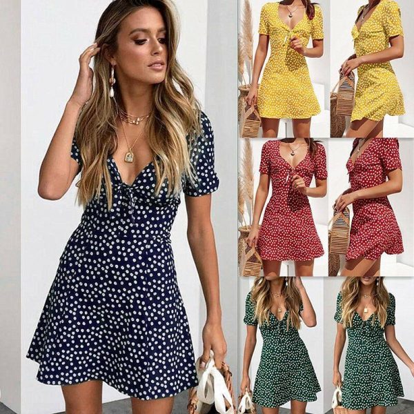Summer Short Sleeve Floral Boho Dress Party Evening Beach V neck Dress - Hplify