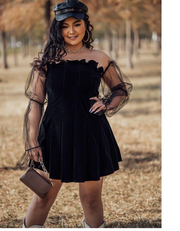 2021 Gothic Sexy Dress Vintage Off Shoulder Lantern Sleeve Mesh Patchwork Velvet Mini Dress Dark Street Black Dress for Female - Hplify