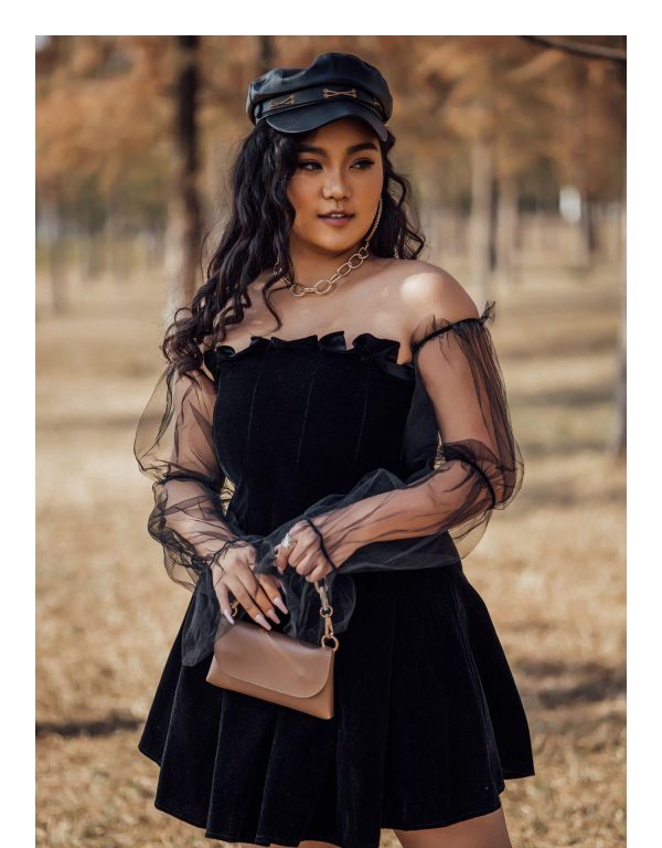 2021 Gothic Sexy Dress Vintage Off Shoulder Lantern Sleeve Mesh Patchwork Velvet Mini Dress Dark Street Black Dress for Female - Hplify