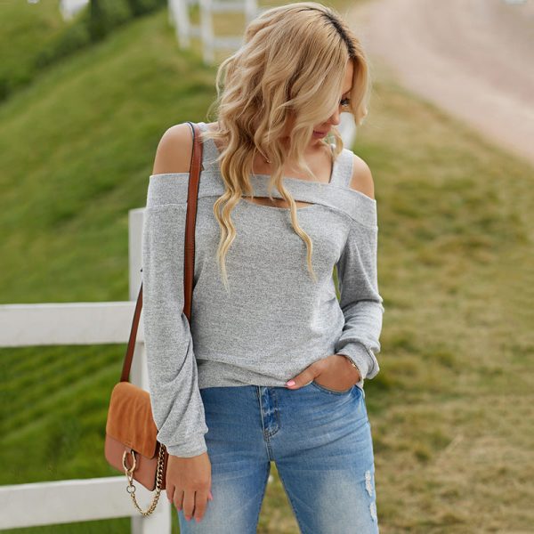 Spring Off Shoulder Long-sleeved Top Women Slim Solid Color Casual T-shirt