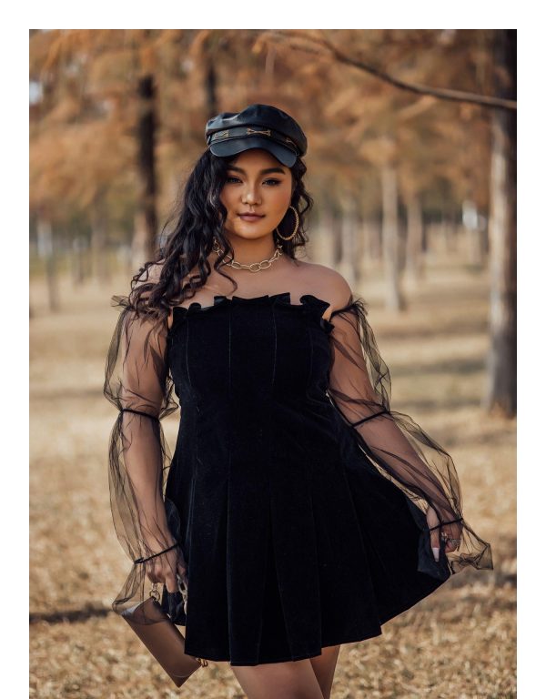 2021 Gothic Sexy Dress Vintage Off Shoulder Lantern Sleeve Mesh Patchwork Velvet Mini Dress Dark Street Black Dress for Female - Hplify