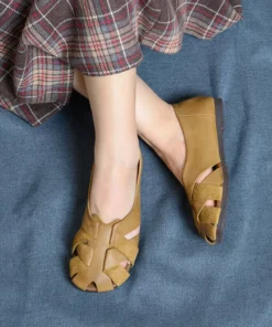 Women's Roman Sandals Leather Mesh Breathable Flats Shoes