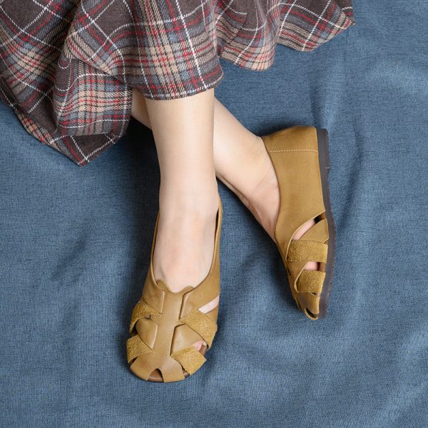 Women's Roman Sandals Leather Mesh Breathable Flats Shoes