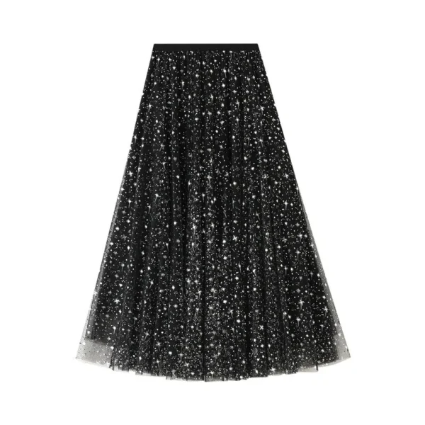 Women's Mid Length Sequin Star Mesh Gauze Skirt