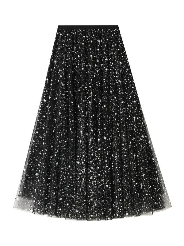Women's Mid Length Sequin Star Mesh Gauze Skirt