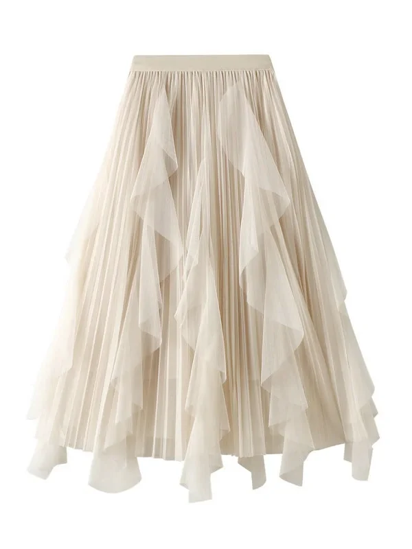 Alternative view of High Waist Stitching Mesh Skirt Women's Mid-length Pleated Skirt